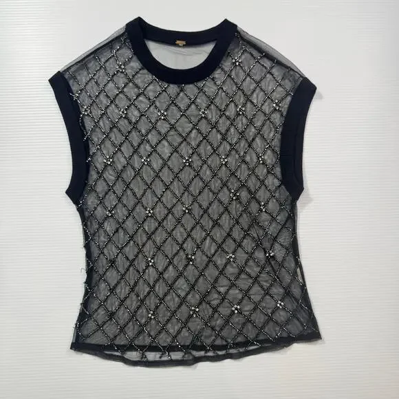 Free People Disco Nights Mesh Beaded Top Black Sheer Rhinestone Festival Unisex - Picture 4 of 16